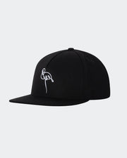 Black cap with white embroidered design on a light gray background