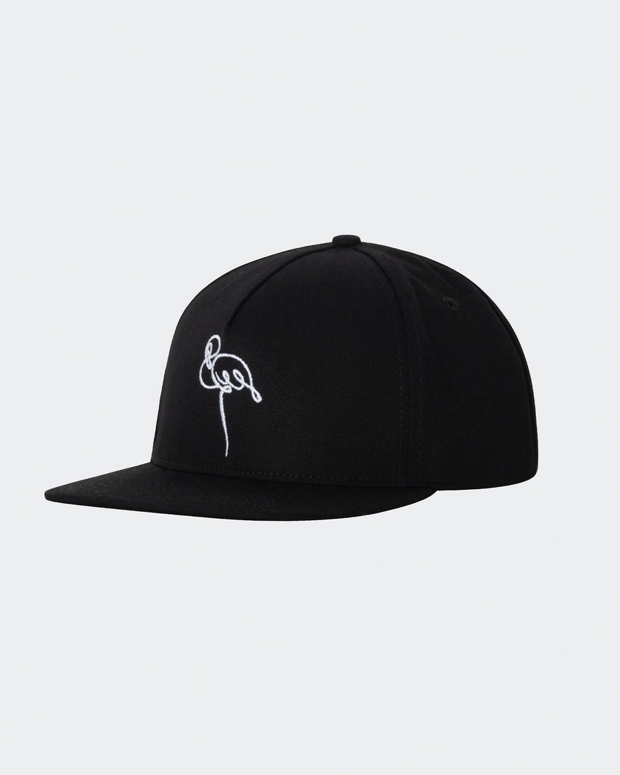 Black cap with white embroidered design on a light gray background