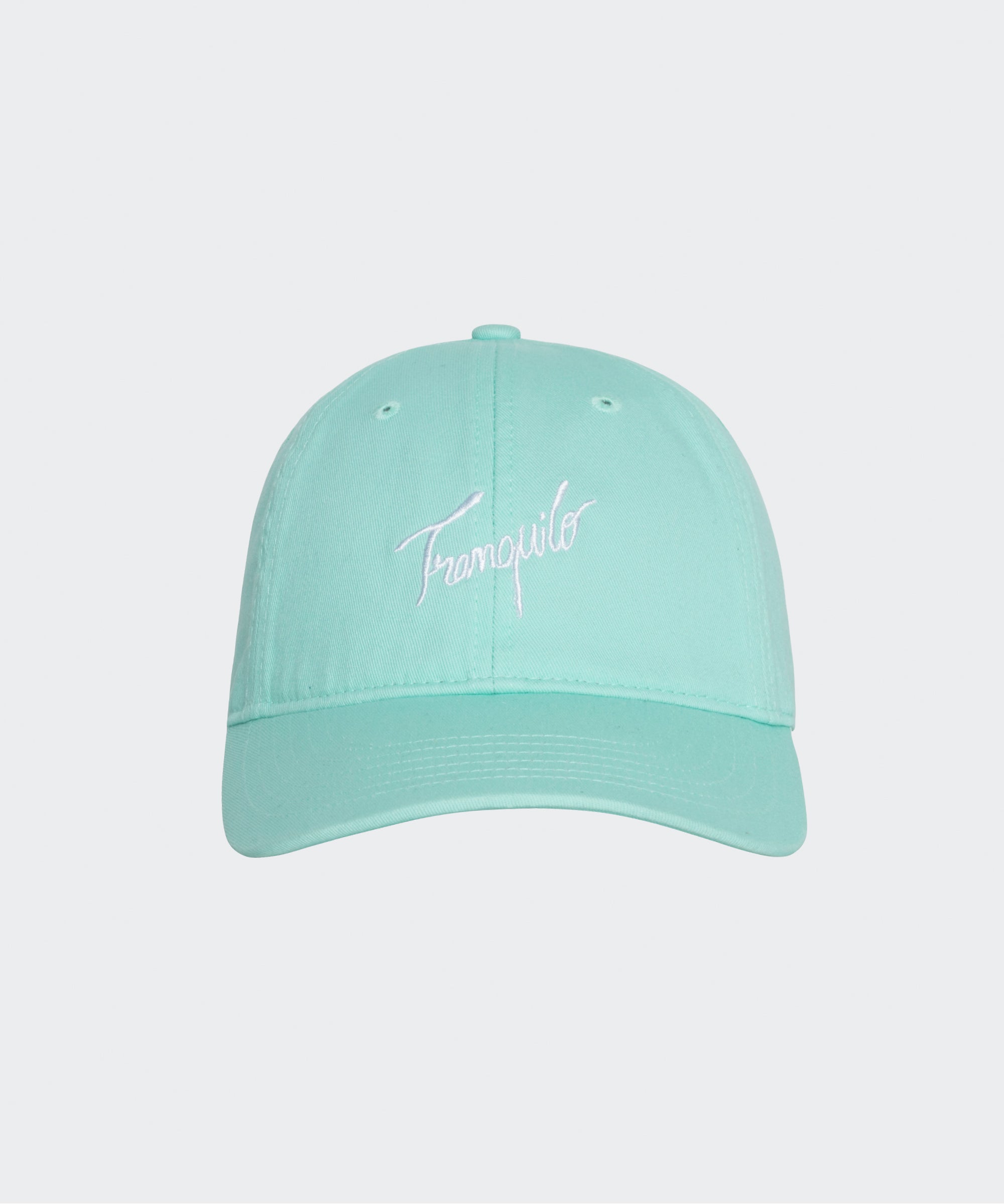 Mint green cap with white text on a light gray background
