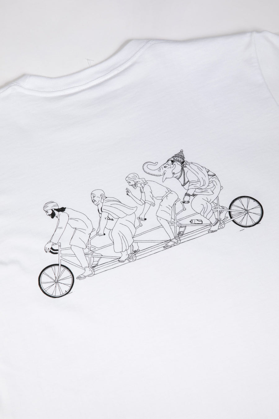 White t-shirt with black line art of a group of people on a tandem bike.
