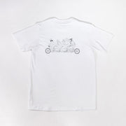 White t-shirt with black graphic design on a white background