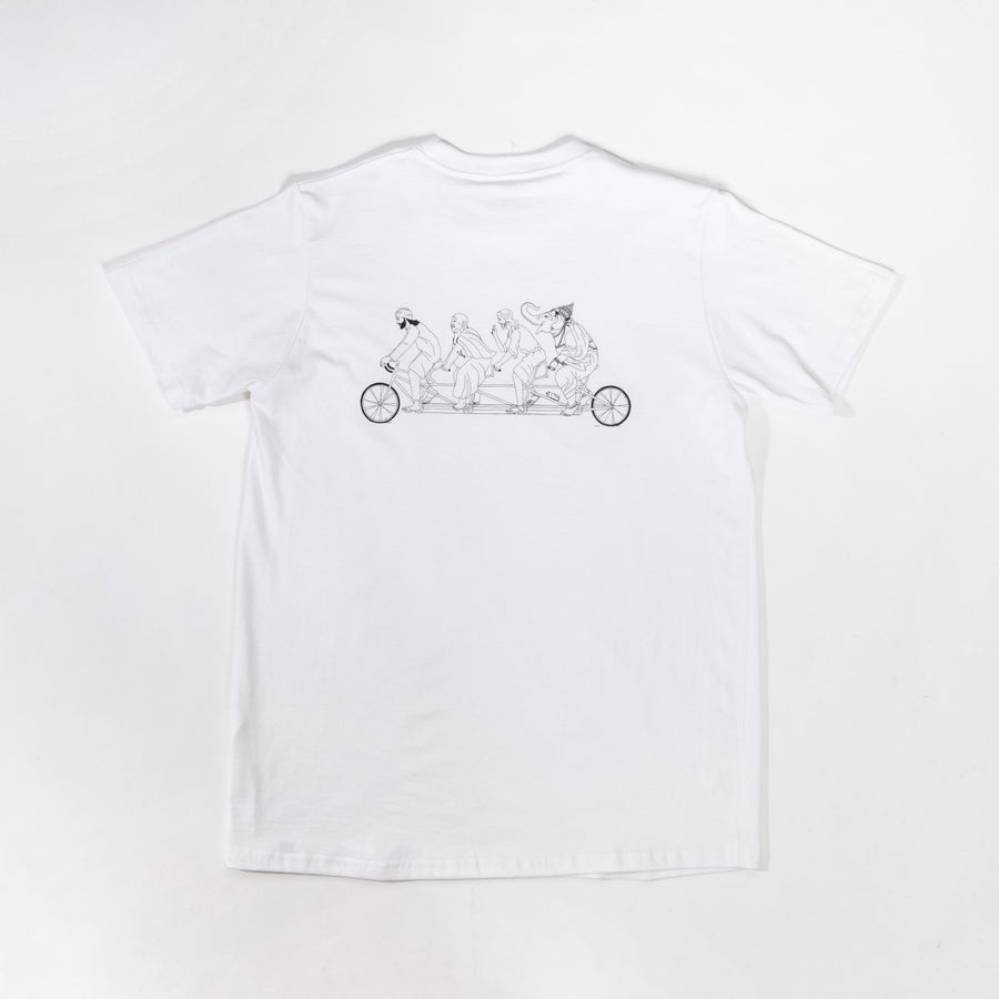 White t-shirt with black graphic design on a white background