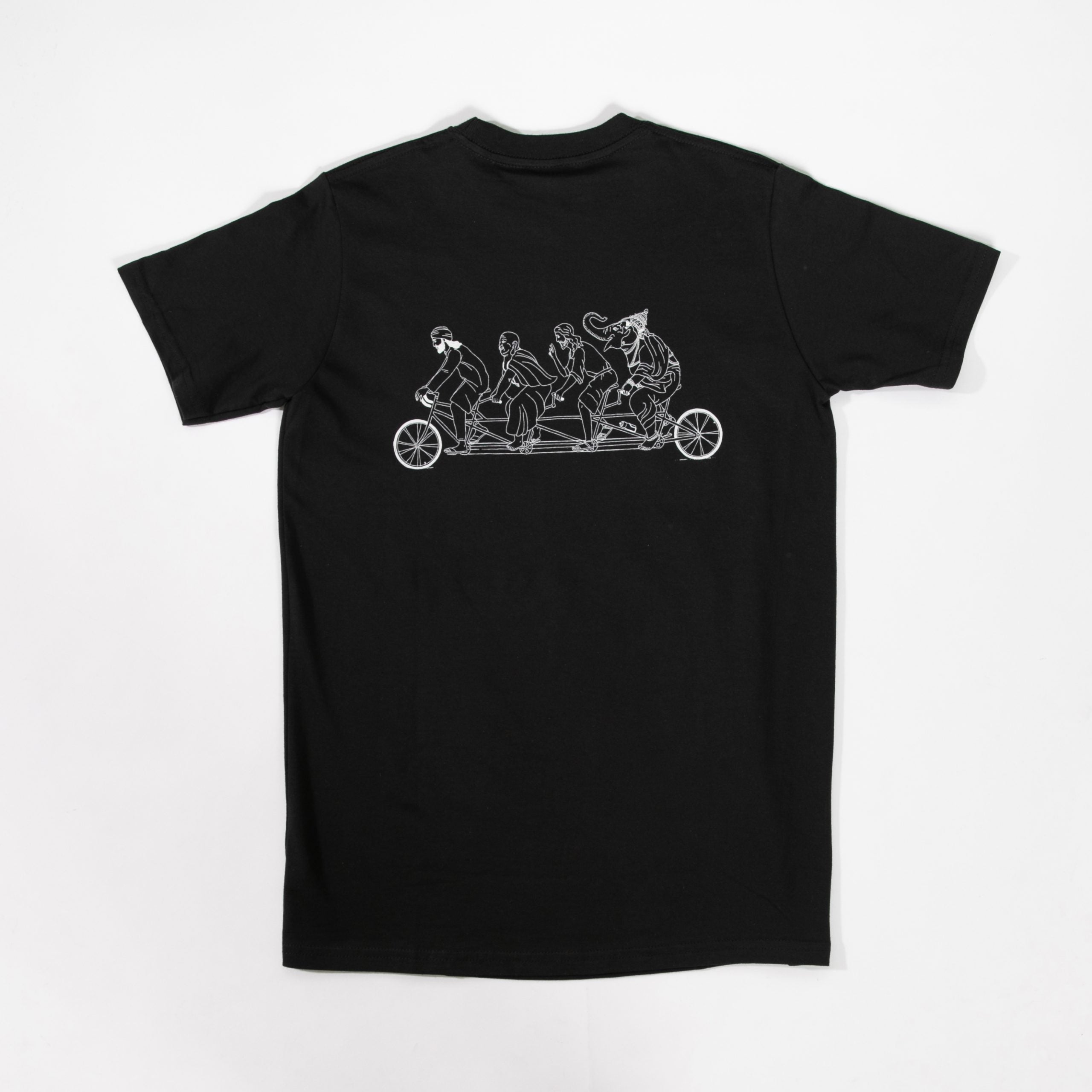 Black t-shirt with a white graphic design on a white background