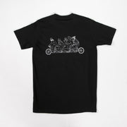 Black t-shirt with a white graphic design on a white background
