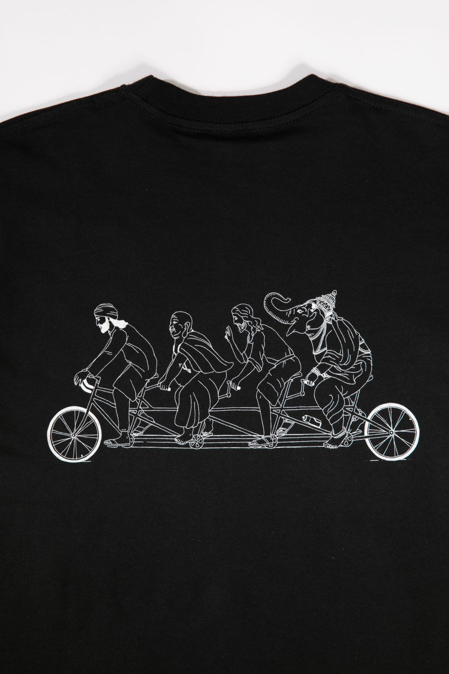 Black t-shirt with white graphic of four people on a tandem bicycle.