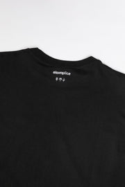 Black t-shirt with a brand logo on a white background