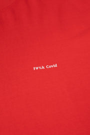 Red shirt with white text 'F#%k Covid' on a plain background