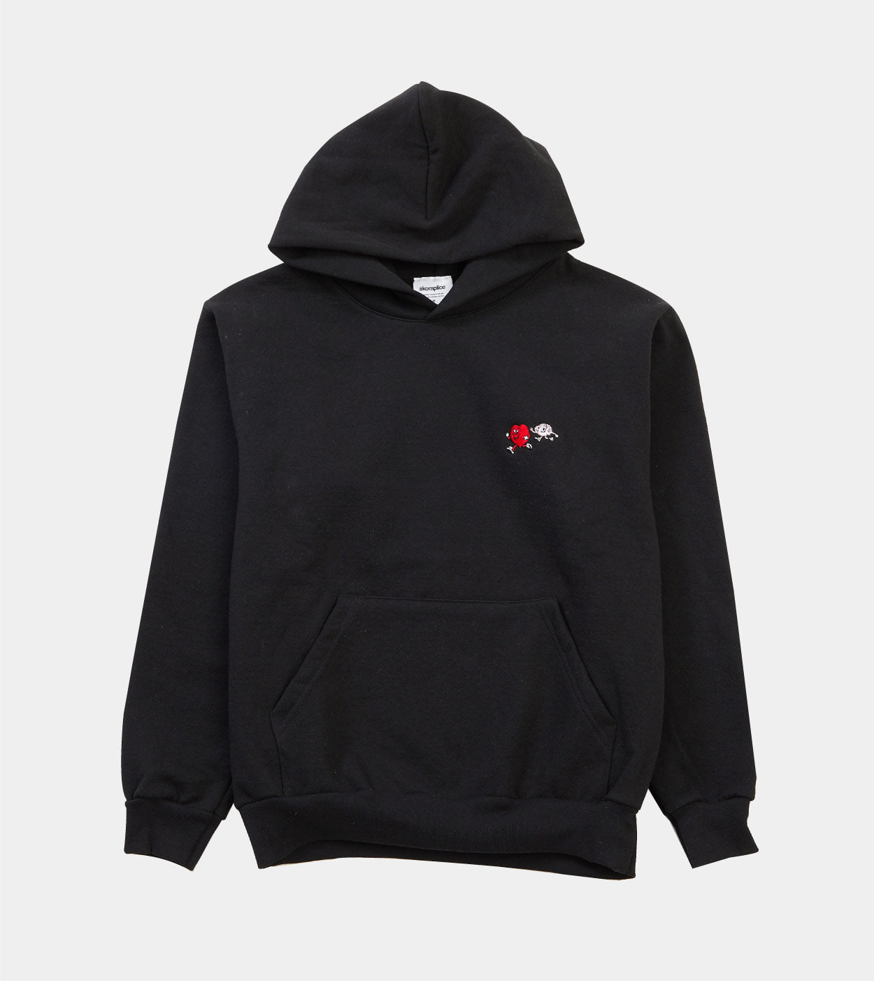 Black hoodie with a small red and white logo on the chest against a light gray background