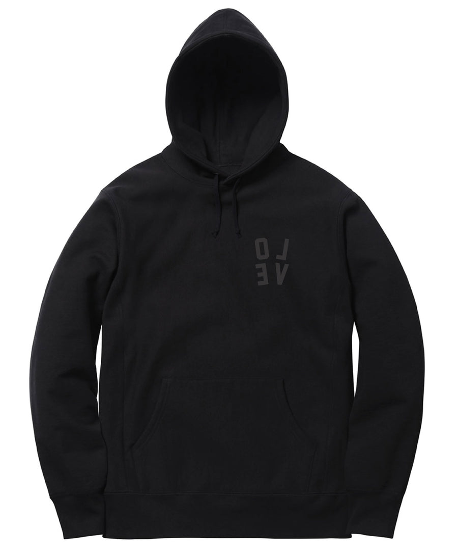 Black hoodie with text on a white background