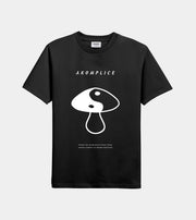 Black t-shirt with white graphic design and text on a white background