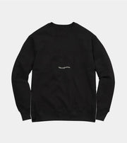 Black sweatshirt with a small logo on the chest against a light gray background