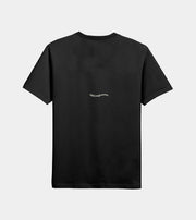 Black t-shirt with a small white logo on the chest against a light gray background