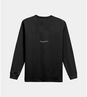Black long-sleeve shirt with a small white logo on a light gray background