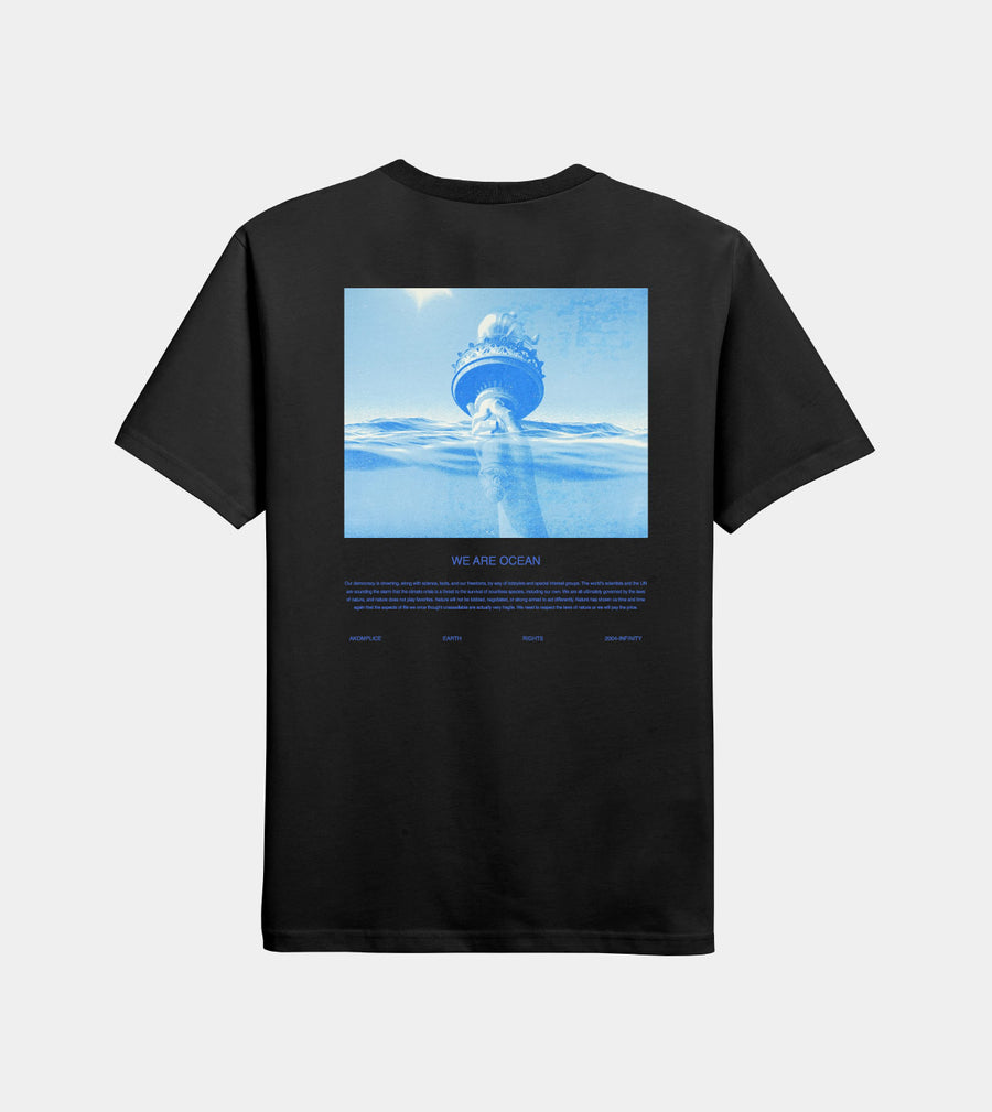 Black t-shirt with a graphic of a ship and text on a white background