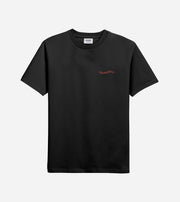 Black t-shirt with a red logo on a white background