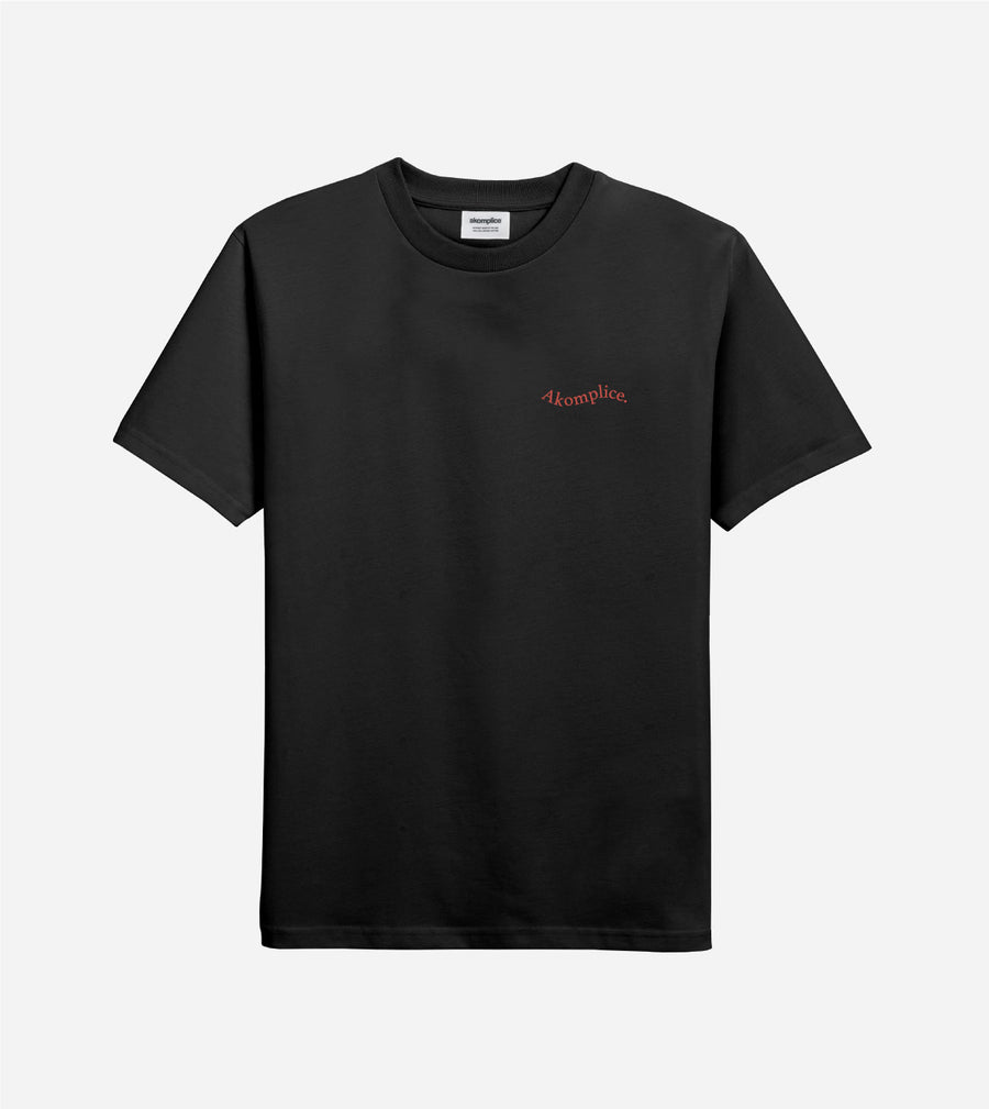 Black t-shirt with a red logo on a white background