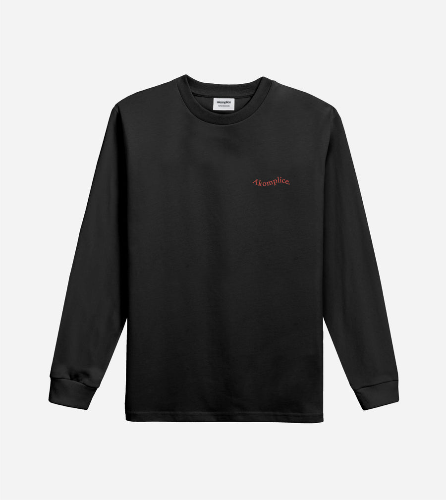 Black long-sleeve shirt with a small red logo on a white background