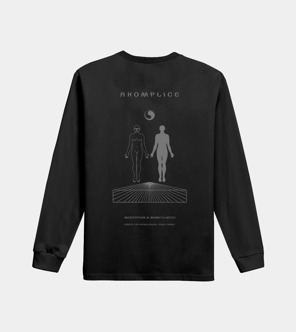 Black long-sleeve shirt with white graphic design on a light gray background