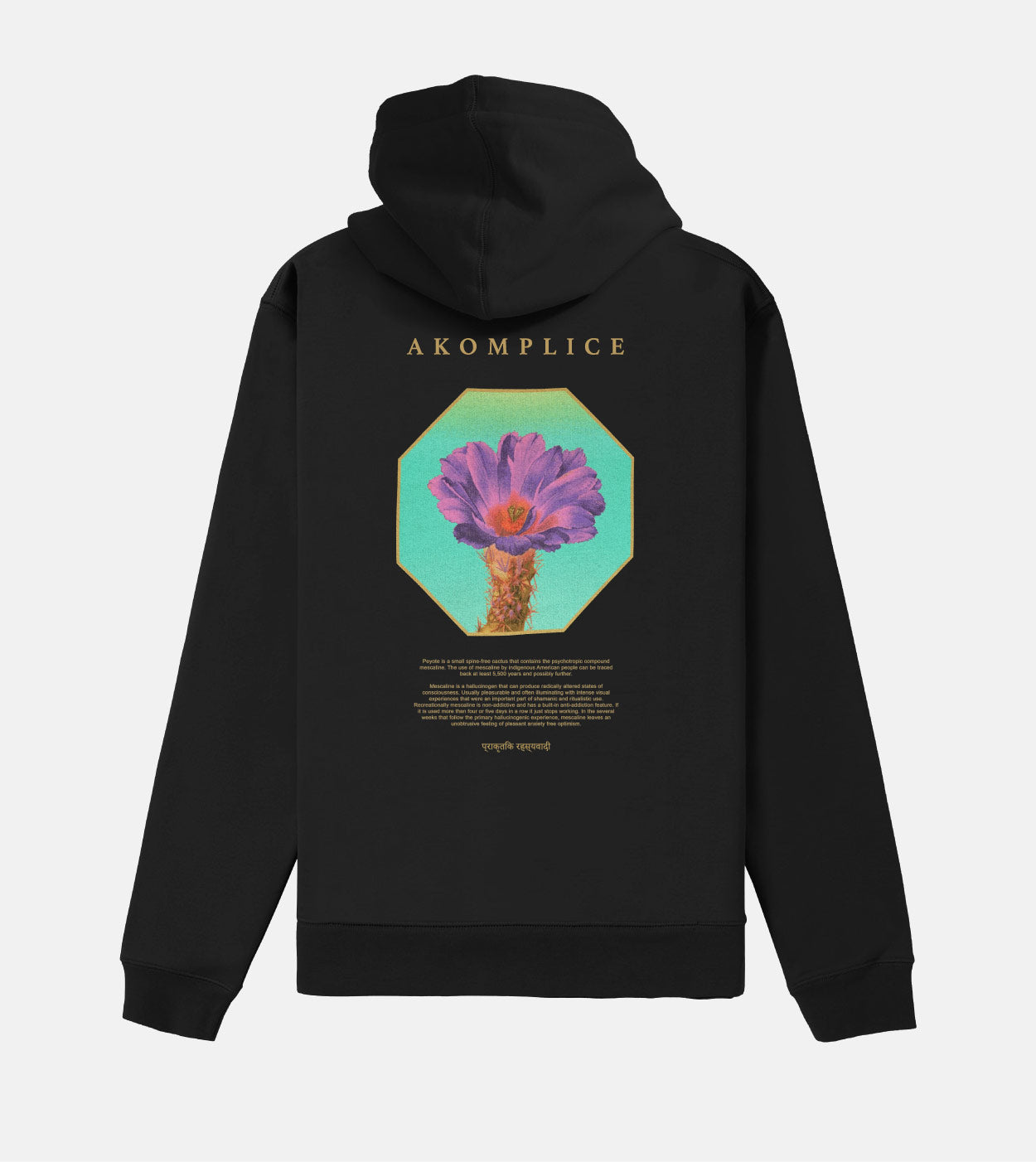 Black hoodie with floral design and 'AKOMPLICE' branding on the back against a white background