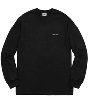 Black long-sleeve shirt with a small white logo on a white background