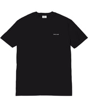 Black t-shirt with a small white logo on a white background
