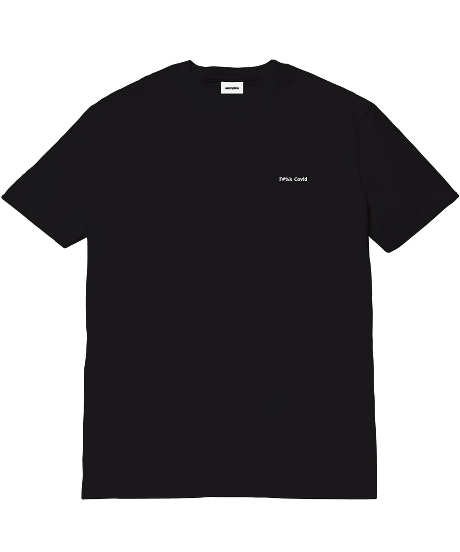 Black t-shirt with a small white logo on a white background