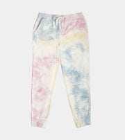 Tie-dye sweatpants in pastel colors on a white background