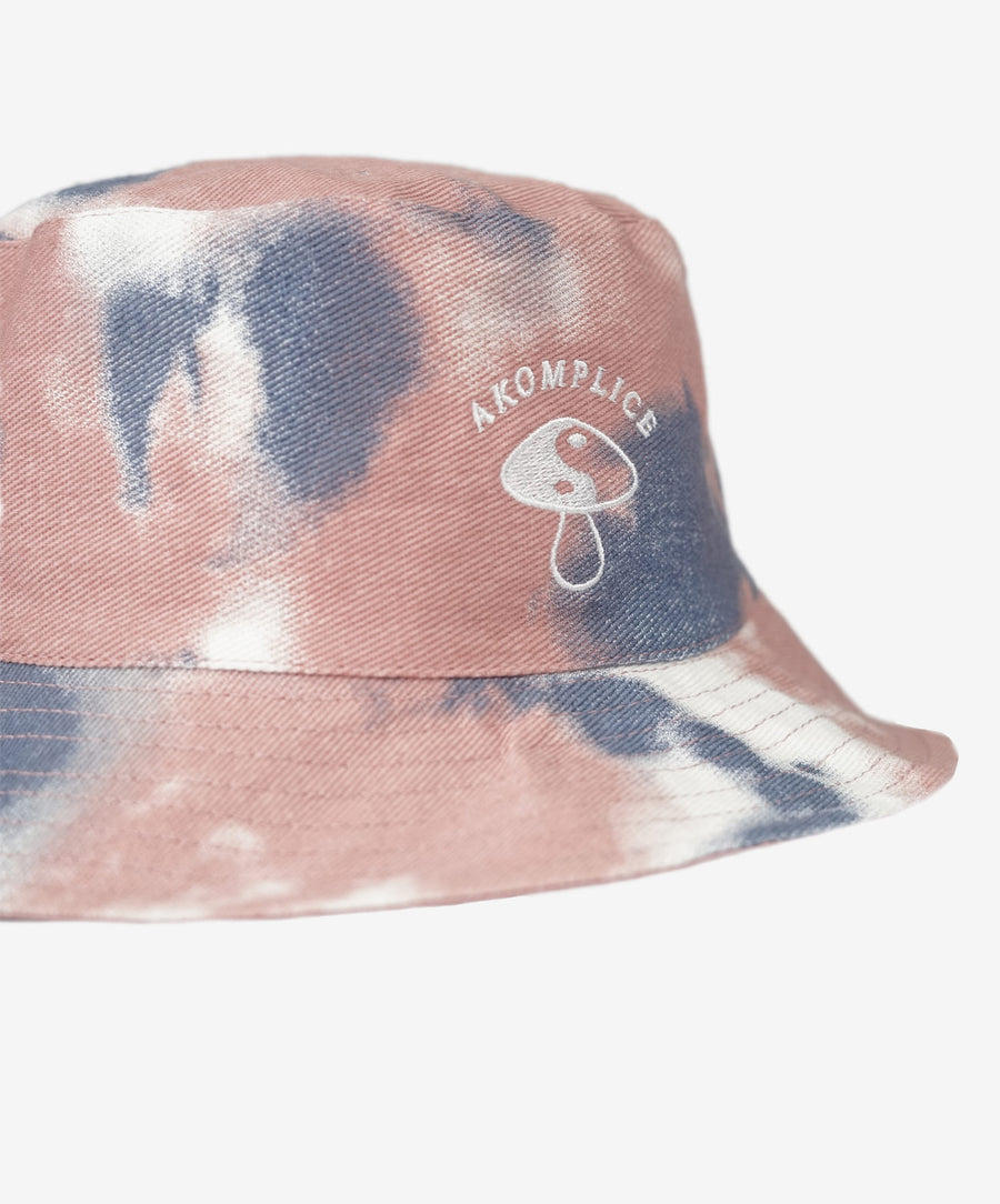 Tie-dye bucket hat with a brand logo on a white background