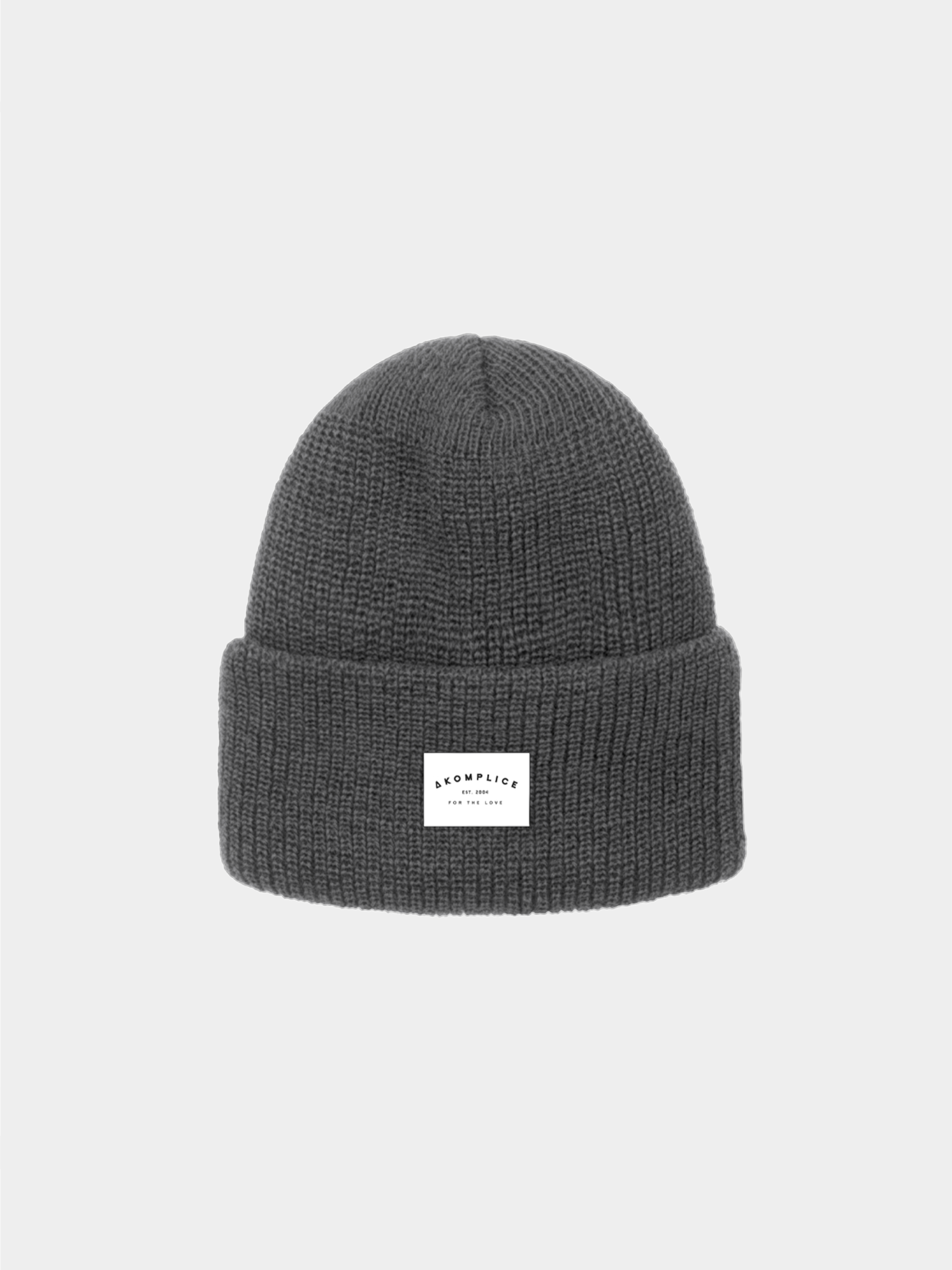 Gray beanie with a white label on a light gray background