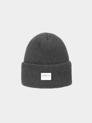 Gray beanie with a white label on a light gray background