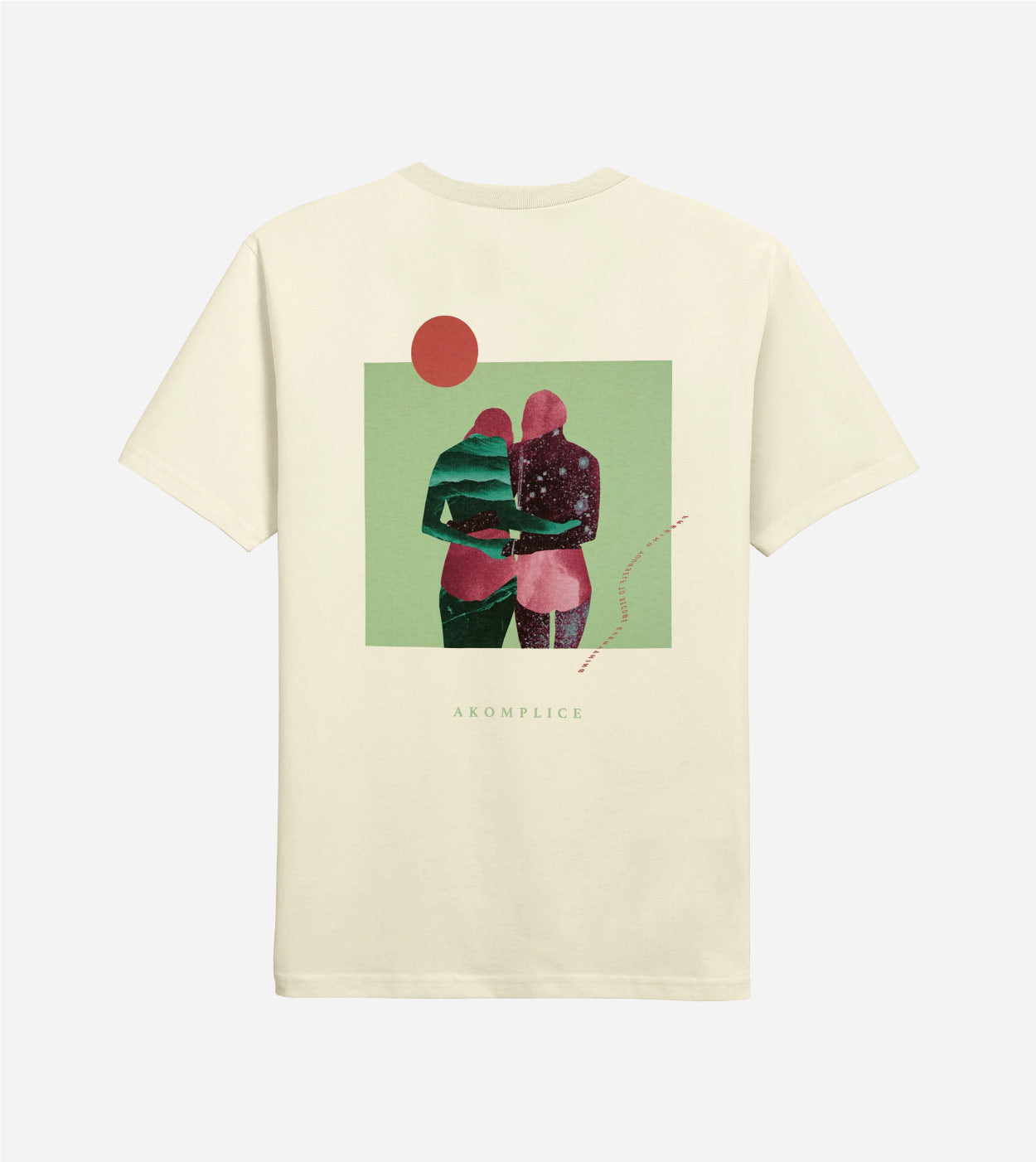 Beige t-shirt with a graphic design of two people embracing on a green background, on a white background.