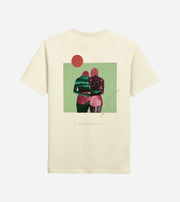 Beige t-shirt with a graphic design of two people embracing on a green background, on a white background.