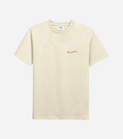 Beige t-shirt with a red logo on a white background