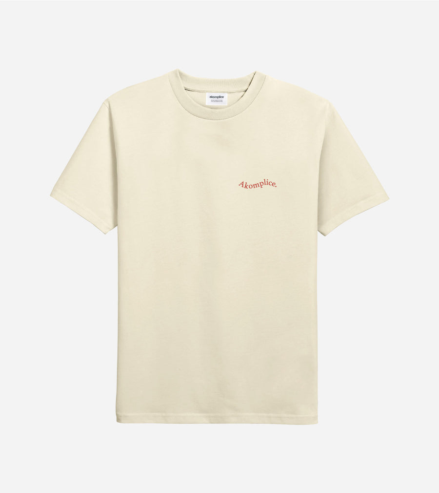 Beige t-shirt with a red logo on a white background