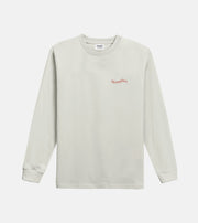 Beige long-sleeve shirt with red logo on a white background