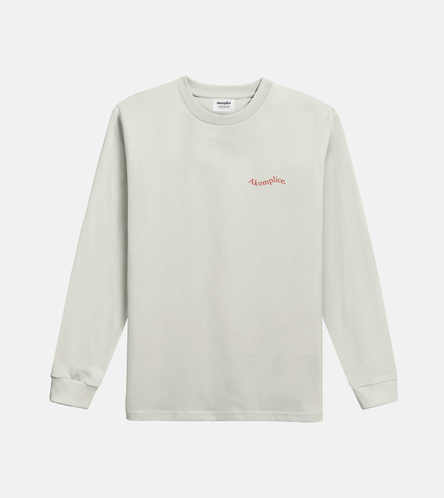 Beige long-sleeve shirt with red logo on a white background
