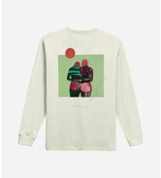 Beige sweatshirt with a graphic of two people hugging on a green background, brand 'Krompech' visible.