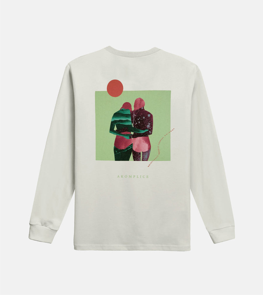 Beige long-sleeve shirt with graphic design of two people on a green background