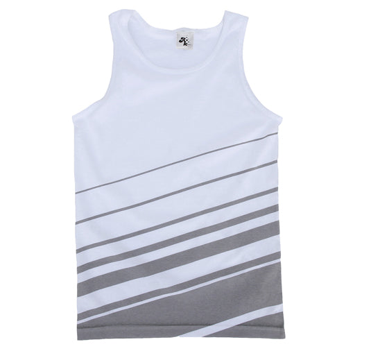 White tank top with gray diagonal stripes on a white background