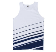 White tank top with blue diagonal stripes on a white background