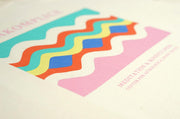 Colorful wavy pattern on a textured surface with text overlay