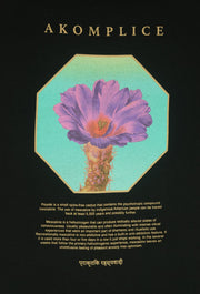 Decorative card with a purple flower illustration on a black background, featuring the brand 'Akomplice'.