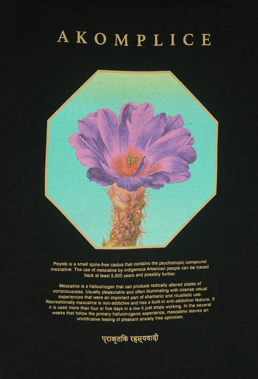 Decorative card with a purple flower illustration on a black background, featuring the brand 'Akomplice'.