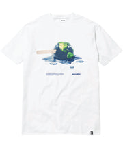 White t-shirt with a graphic of a melting Earth on a white background