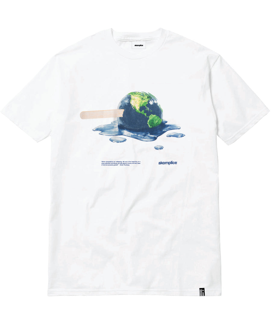 White t-shirt with a graphic of a melting Earth on a white background
