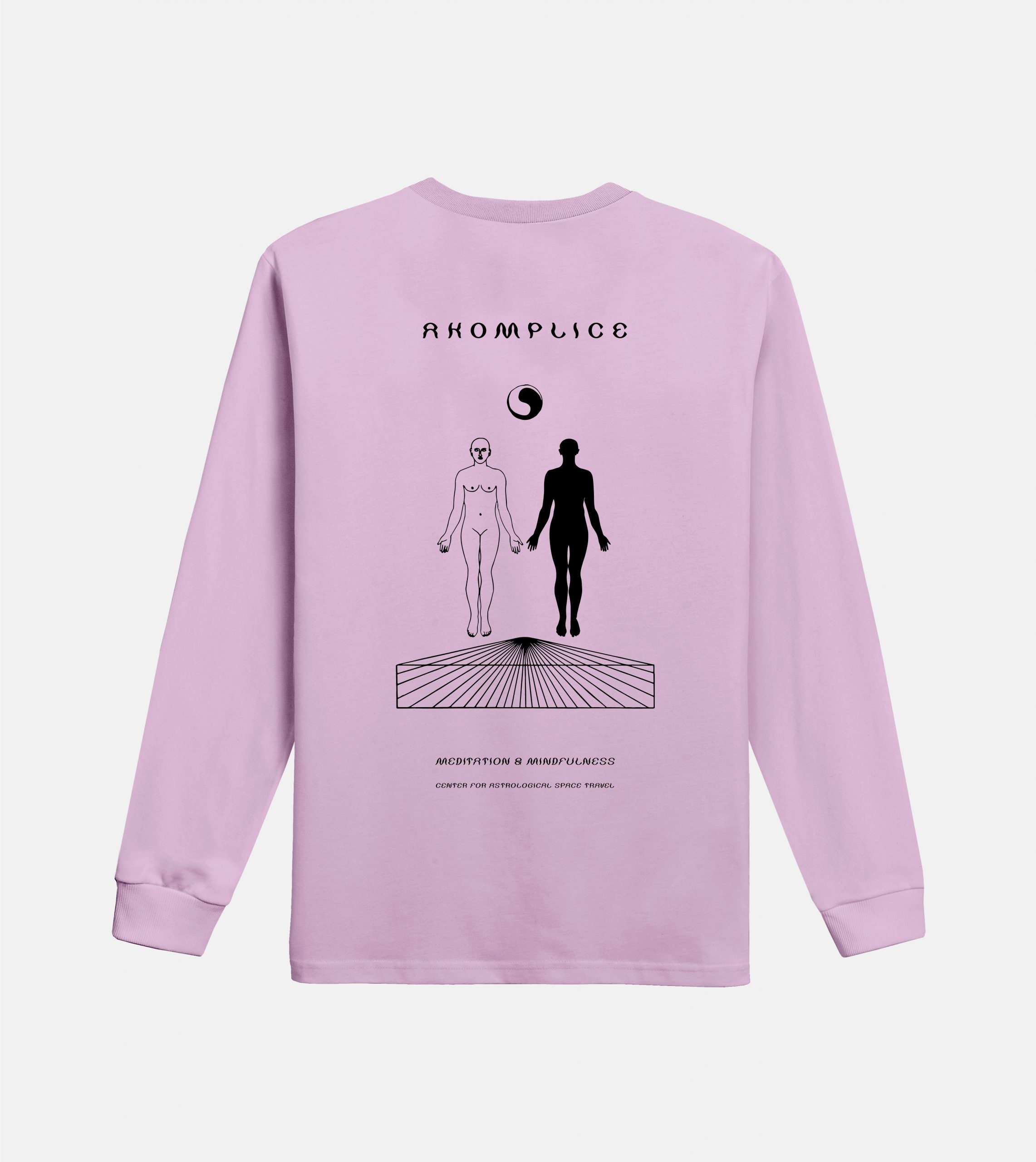 Purple long-sleeve shirt with black graphics and text on a white background