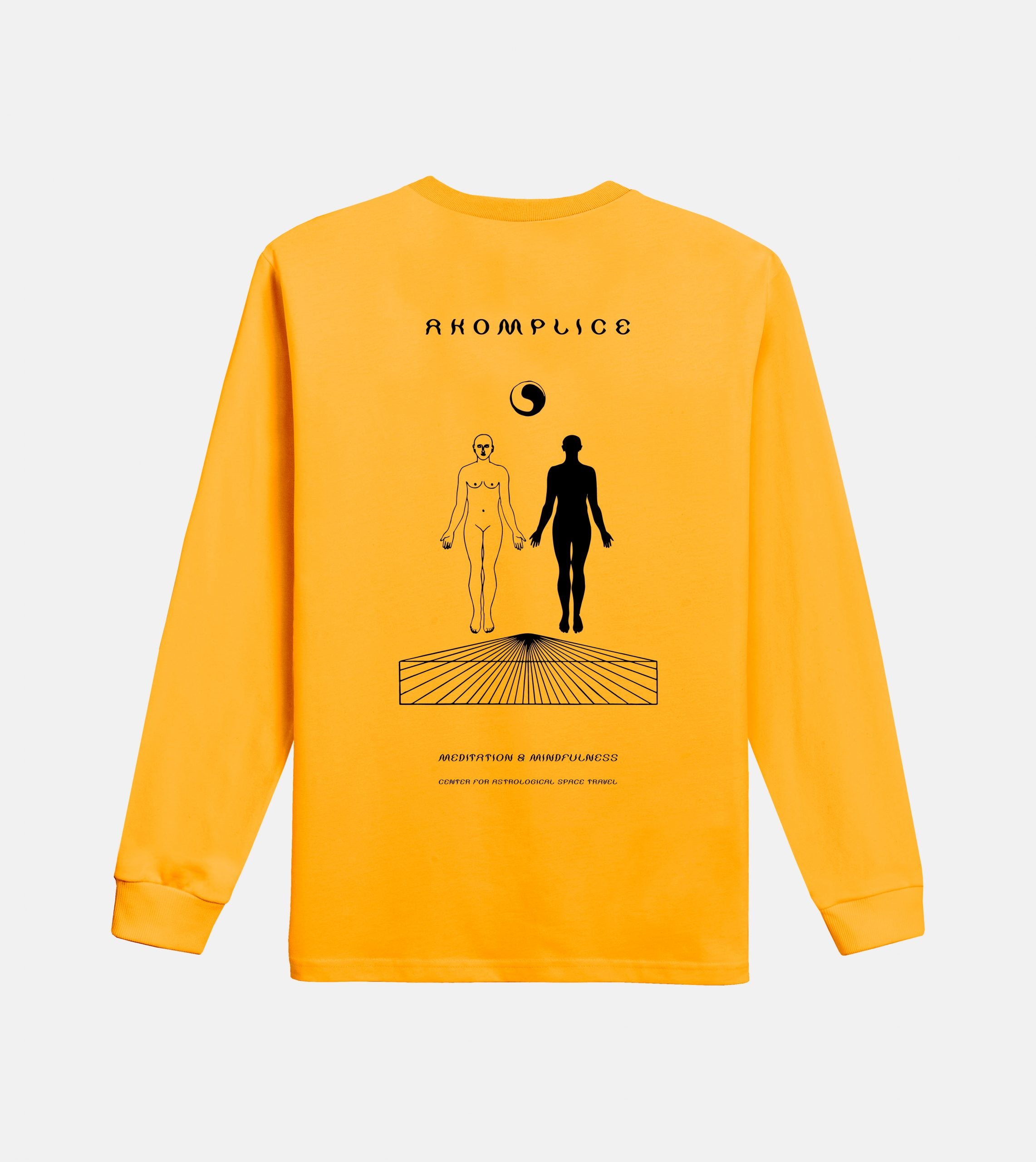 Yellow long-sleeve shirt with black graphic design on a white background