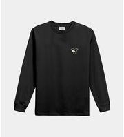 Black long-sleeve shirt with a small logo on a light gray background