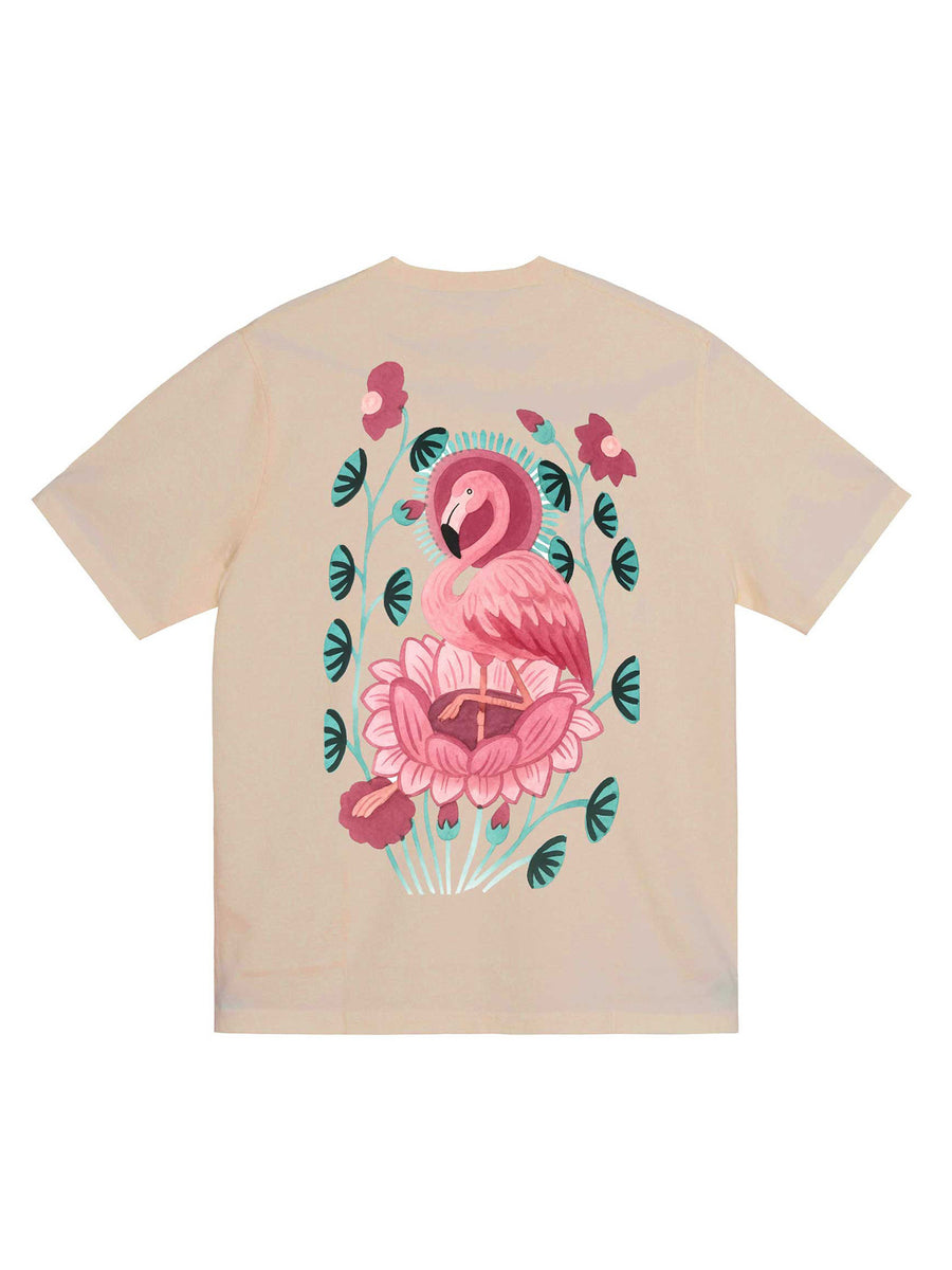 Beige t-shirt with a pink flamingo and floral design on a white background