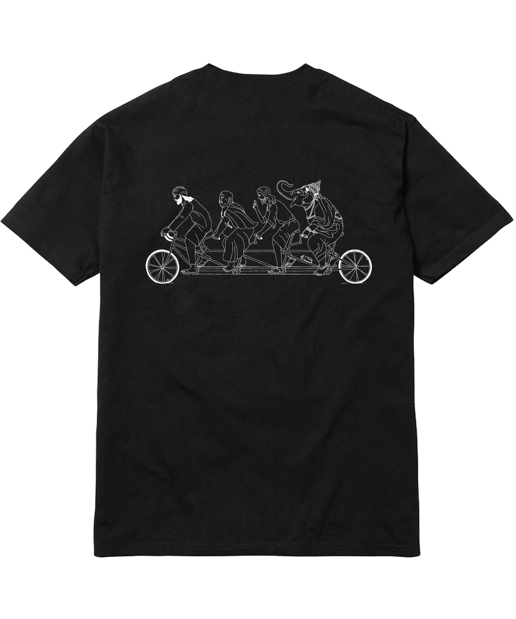 Black t-shirt with a graphic design of people on a chariot on the back